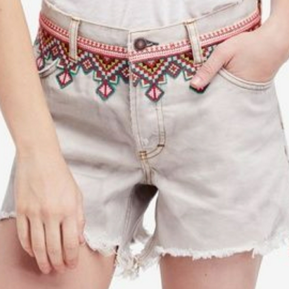 Free People Light Gray Denim Shorts with Multicolor Embroidered Waist